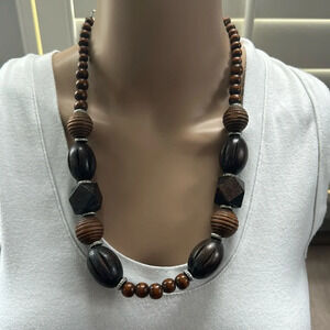 Women's Brown Wood Chunky Bead Boho Hippie Silver Accent Necklace